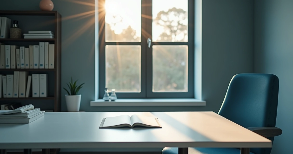 Frascos de medicamentos variados dispostos em uma mesa clínica moderna 