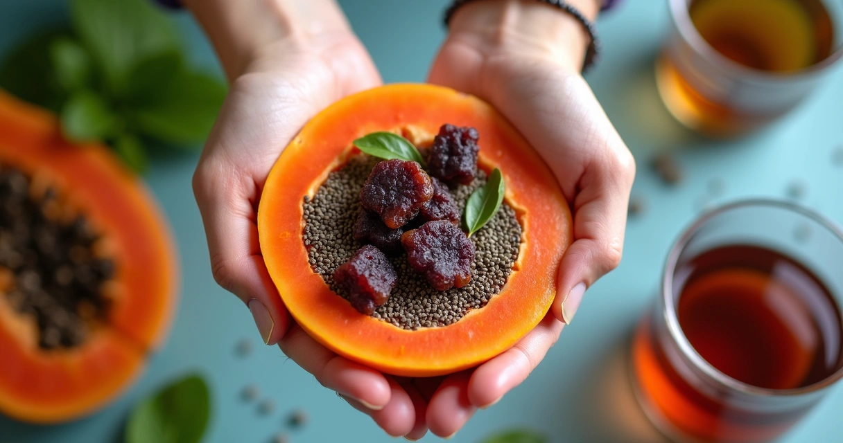 Mãos segurando mamão, ameixa seca e uma tigela com sementes hidratadas 