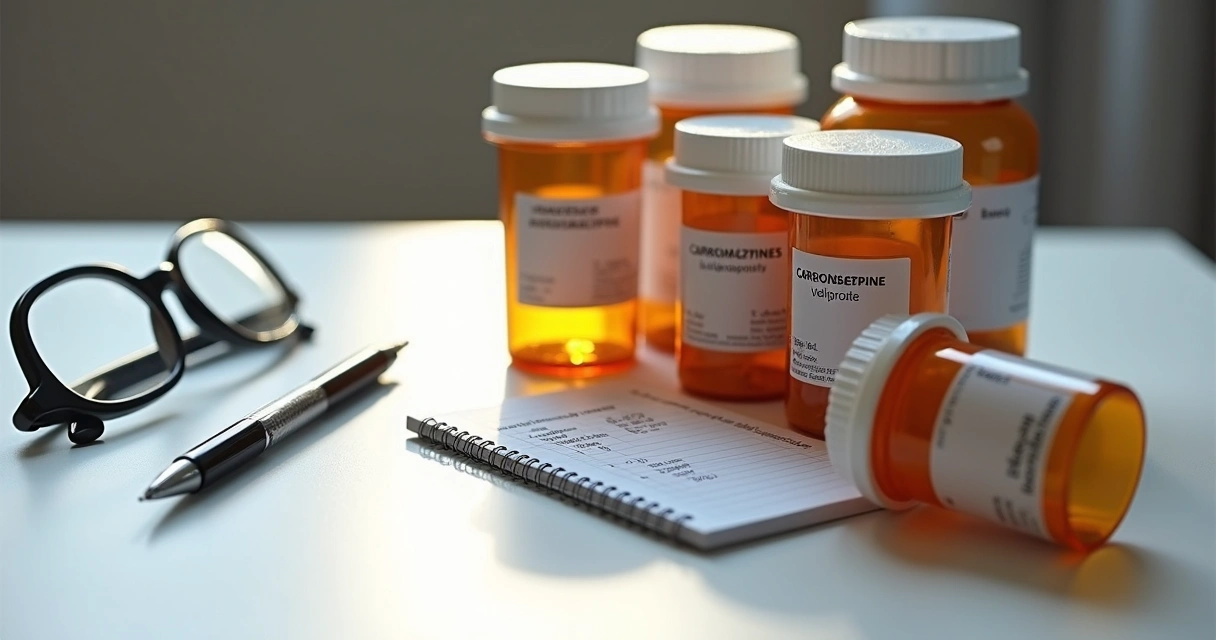 Frascos de medicamentos antiepilépticos organizados sobre uma mesa. 