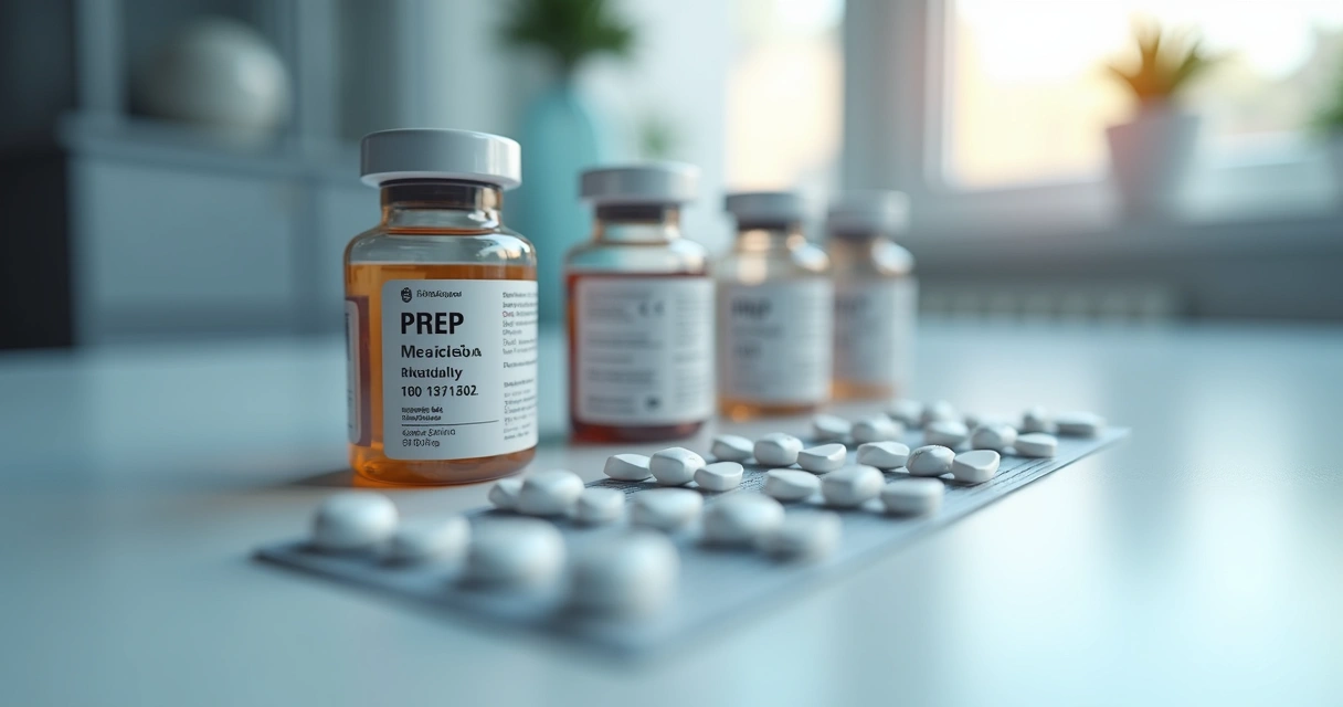 Embalagem de comprimidos da PrEP e diferentes frascos de medicamentos sobre mesa clínica