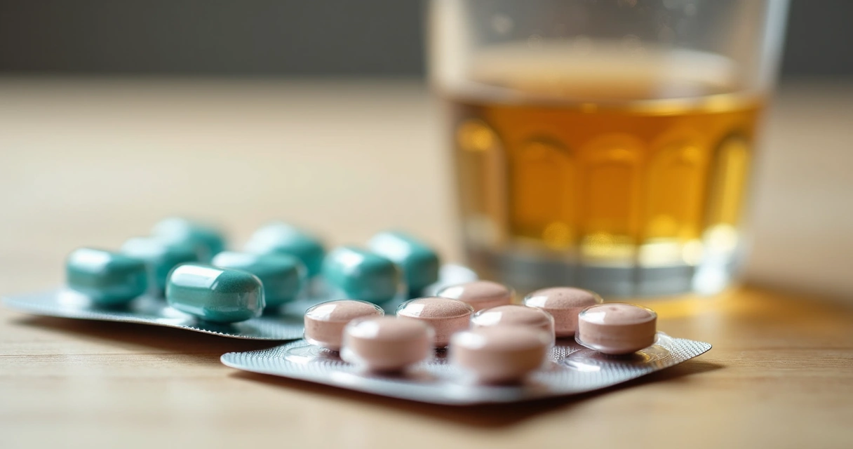 Cartelas de remédios ao lado de uma taça de bebida em uma mesa de madeira clara