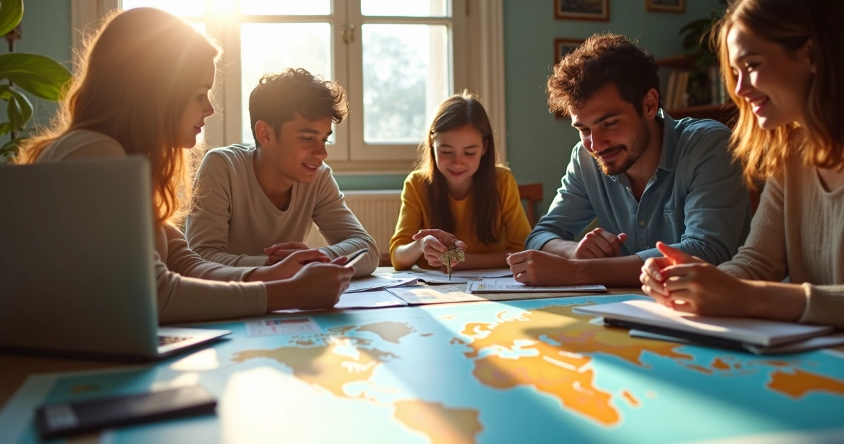 Família planejando remessa internacional com laptop e documentos 