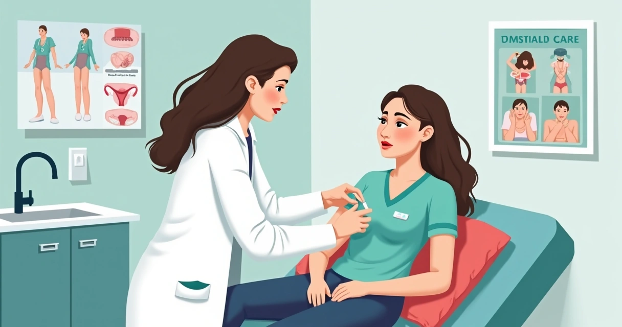 Médica removendo absorvente interno de paciente em ambiente hospitalar 