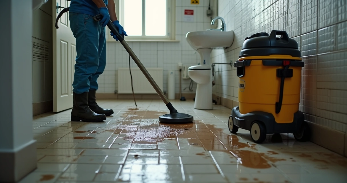 Técnico a remover água suja de um chão inundado 