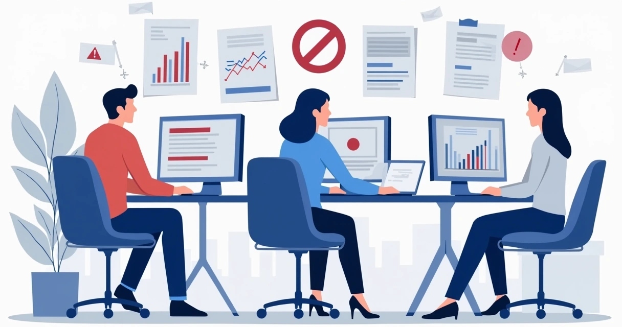 Ilustração de equipe analisando campanhas eleitorais e excluindo publicações irregulares online. 