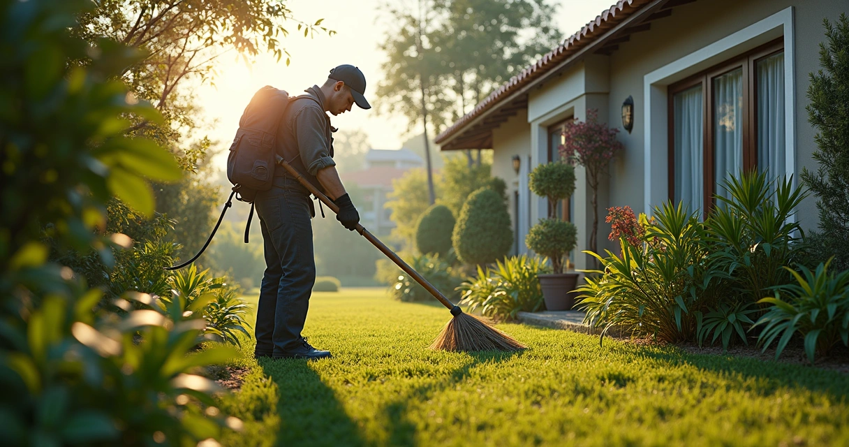 Pessoa removendo folhas de uma calha. 