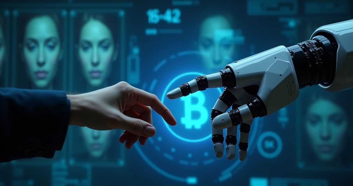 Mão humana se distanciando de um botão de operação, com um robô pressionando o botão 