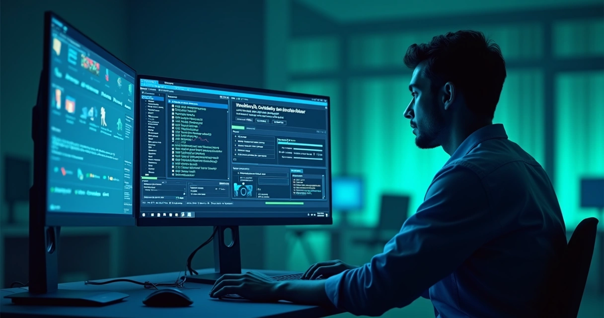 Técnico utilizando software para remoção de ameaça digital em computador 