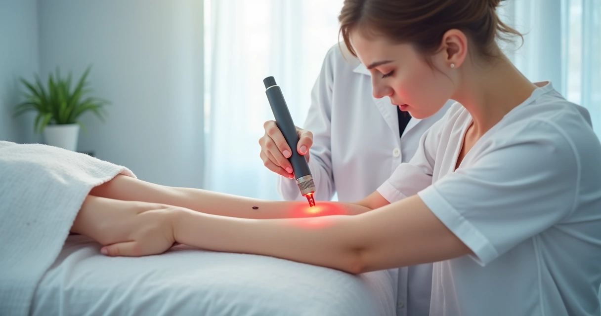 Sessão de remoção de pintas por laser em pele clara. 