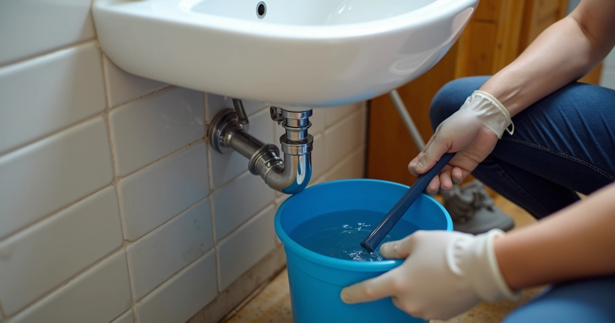 Pessoa removendo o sifão debaixo do lavatório para extrair um objeto 