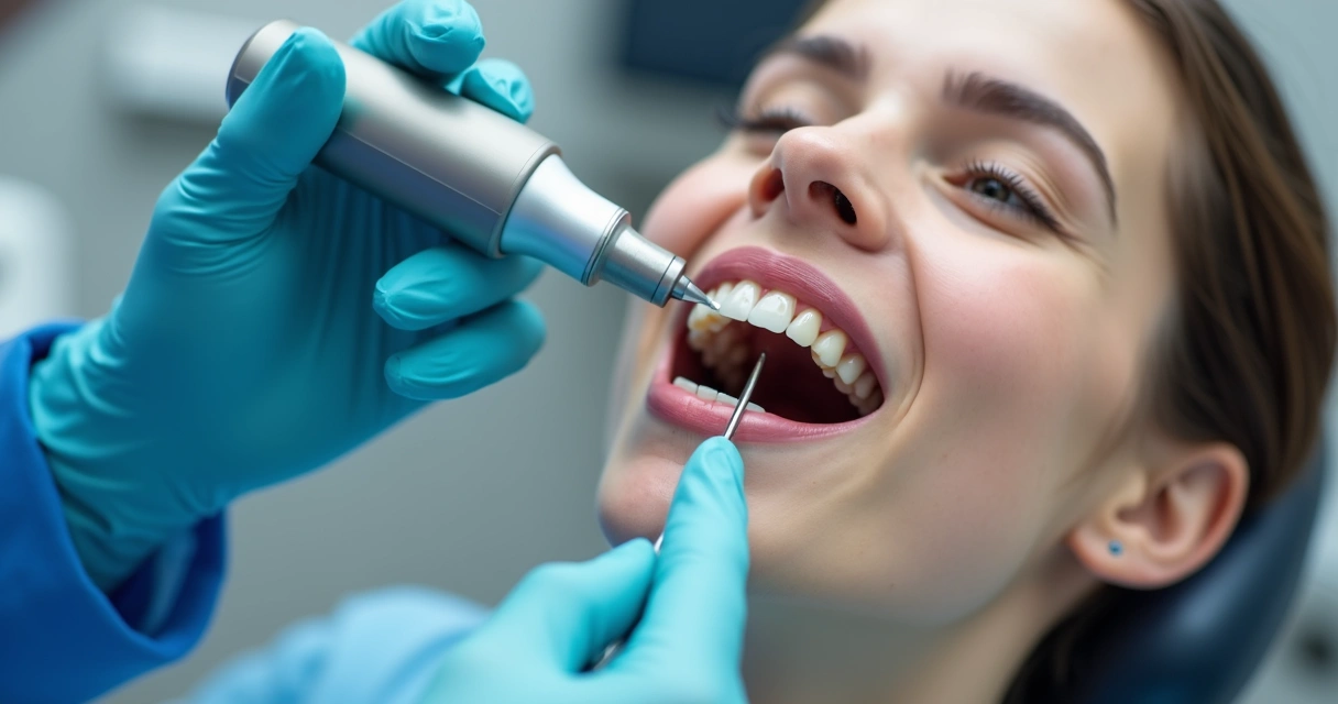 Dentista removendo tártaro de dentes com ferramenta especial