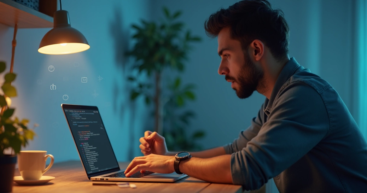 Remote worker at kitchen table split between calm decor and digital tension 