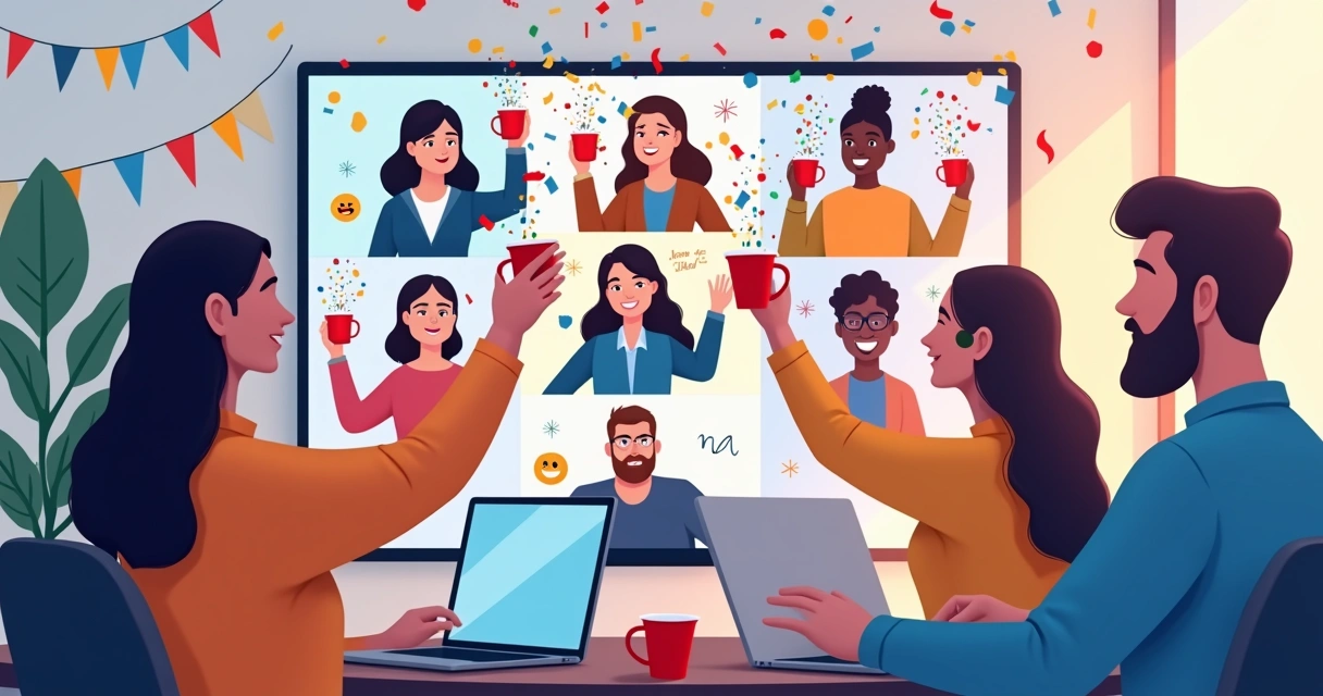 Virtual team celebrating project success online