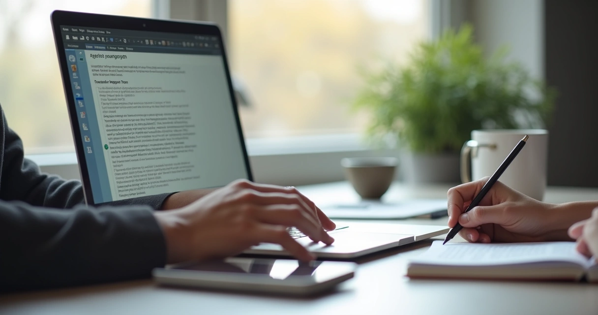 Professional reviewing thoughtful client message on laptop