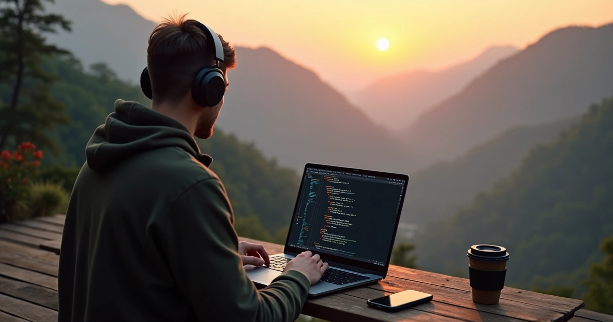 Developer coding remotely in outdoor mountain setting 