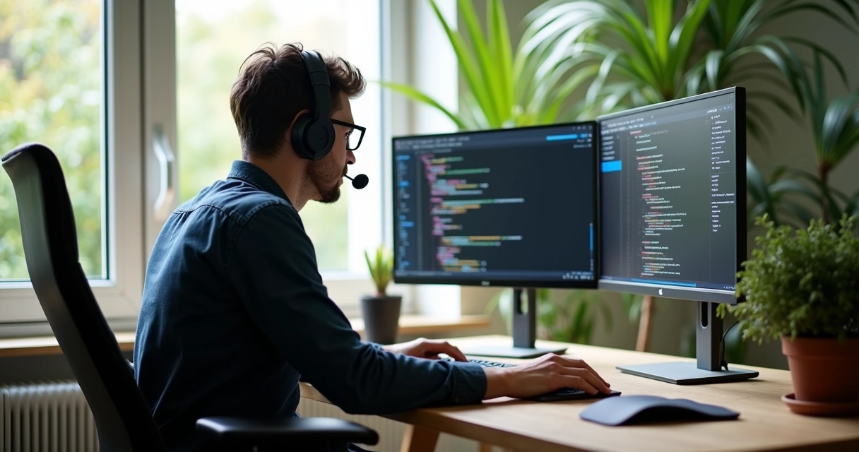 Freelance developer working remotely on a sleek workstation
