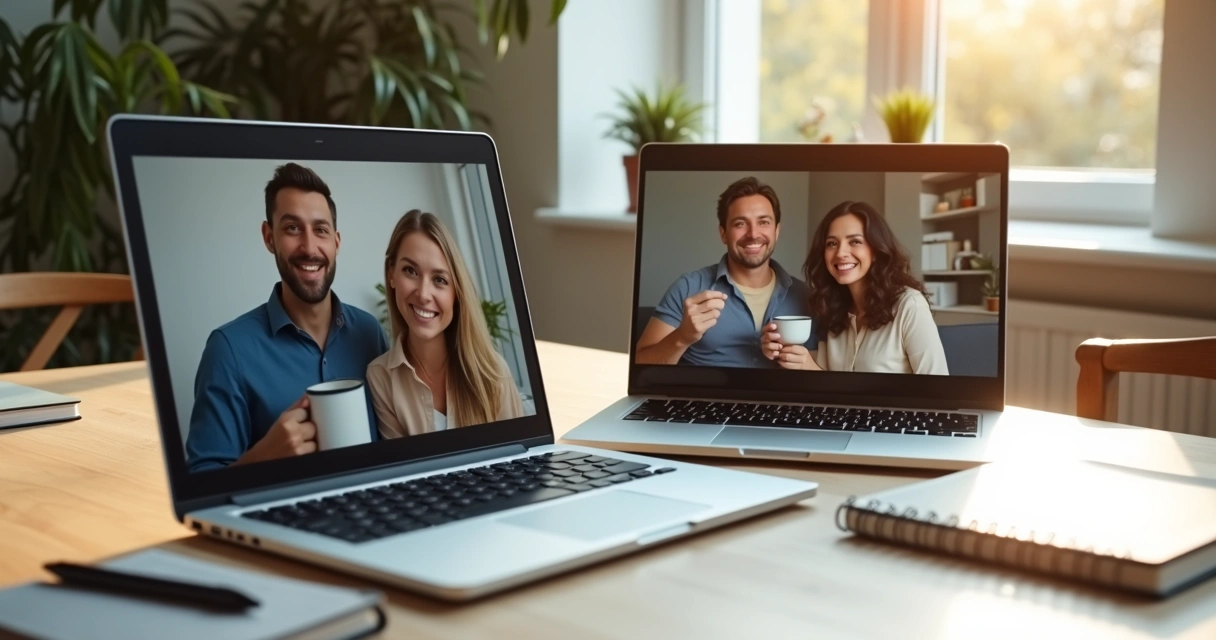 Two people holding coffee cups in a video call on laptops 