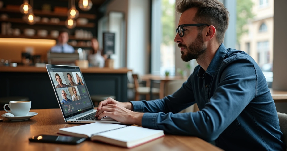 Engineer collaborating remotely at cafe table with laptop 