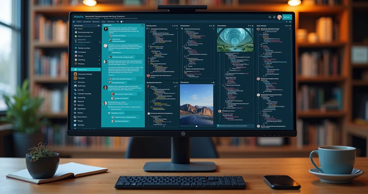 Multiple remote collaboration tools displayed on desktop monitor 