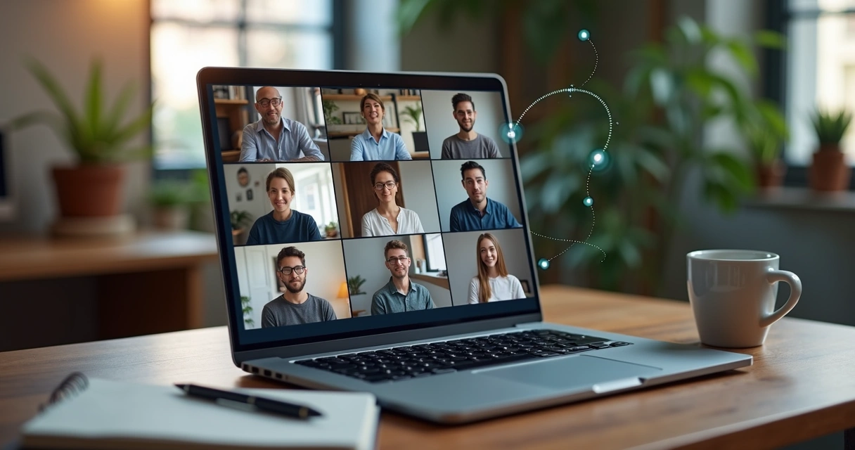 Diverse remote team on video call connected by glowing lines 