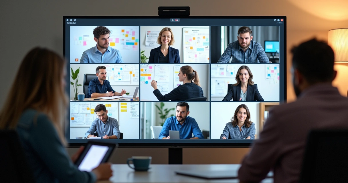 Equipe colaborando em design sprint remoto em telas de computador