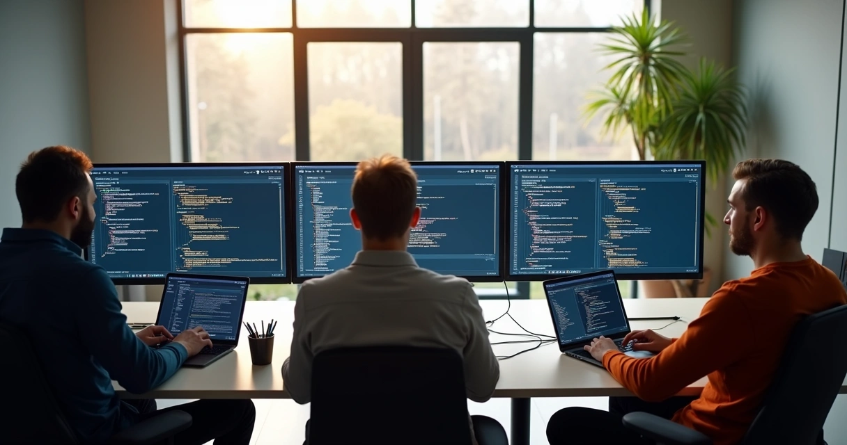 Remote developer team working on laptops together