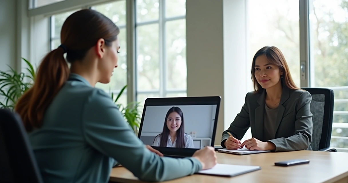 Video call between two colleagues discussing feedback, laptop on a desk, both looking attentive 
