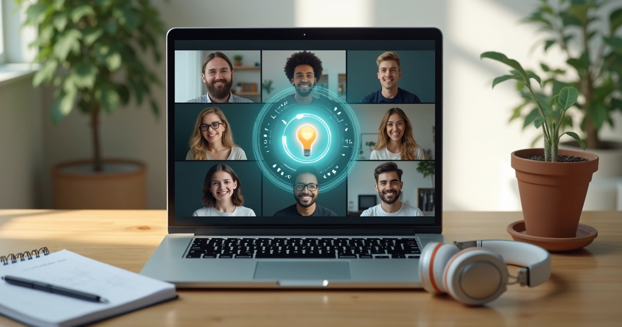 Remote team in a video call sharing feedback around a calm digital circle interface 