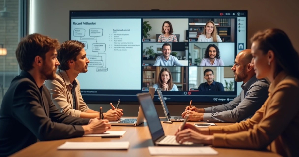 Remote team members in a virtual meeting giving feedback to each other