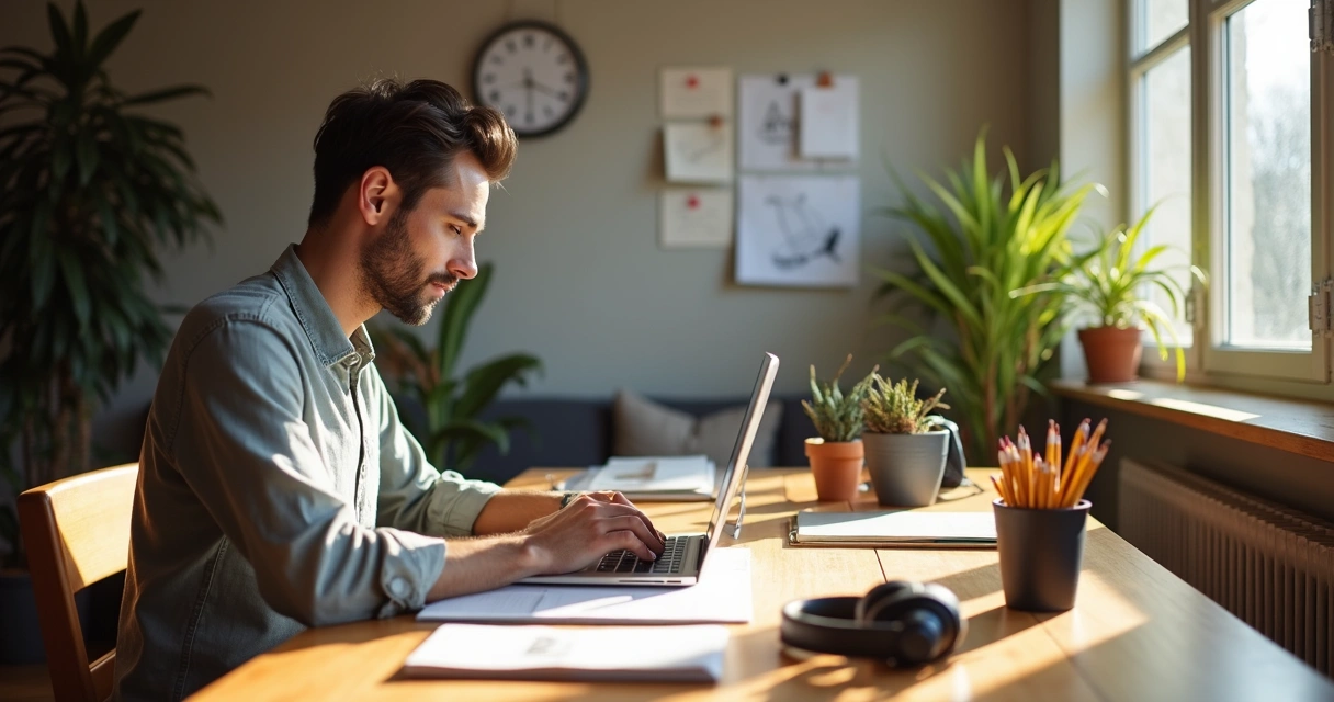 Remote freelancer working at home with creative tools and laptop