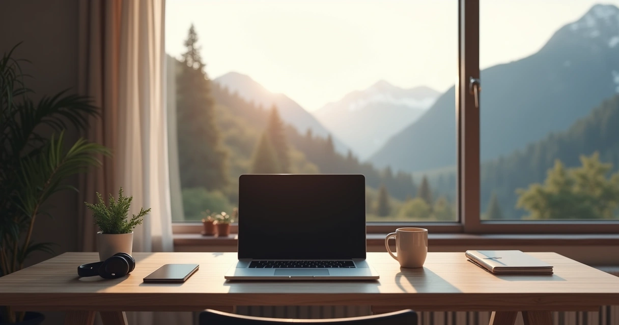 Remote developer's workspace with laptop, coffee, and mountain view 