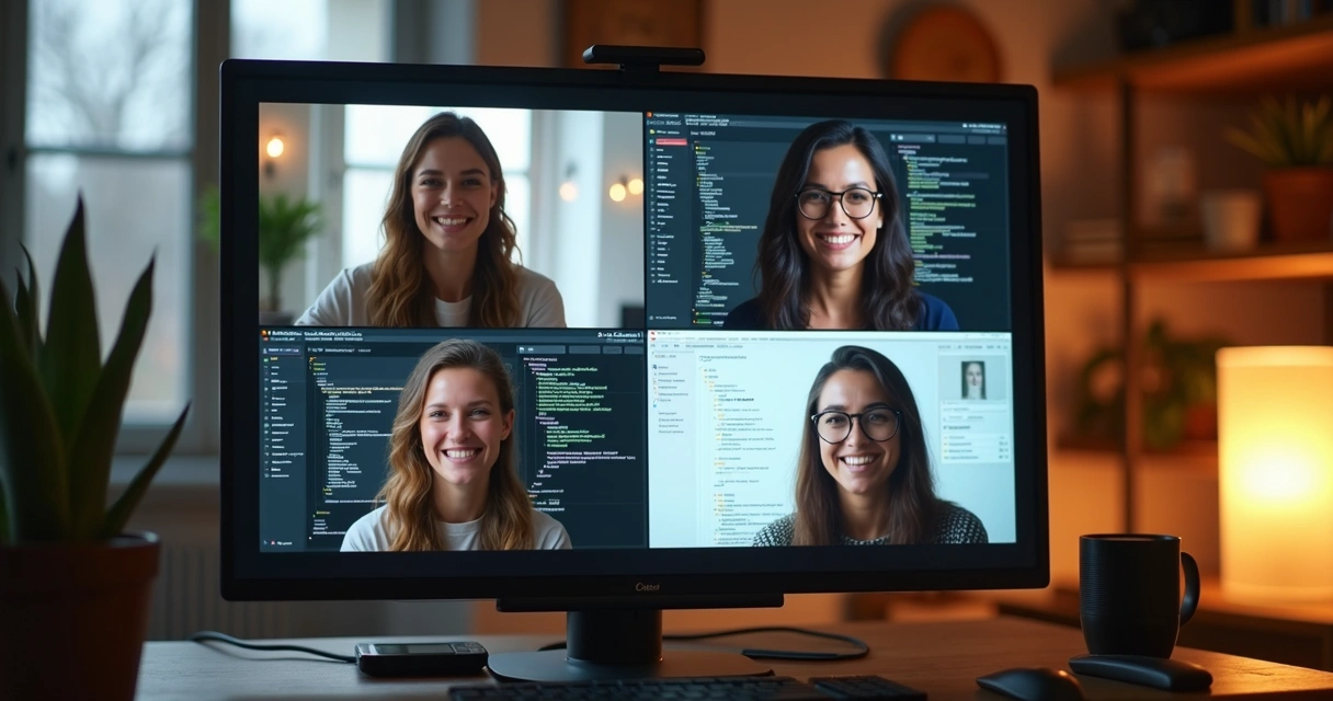Remote frontend team on video call sharing code and UI designs 