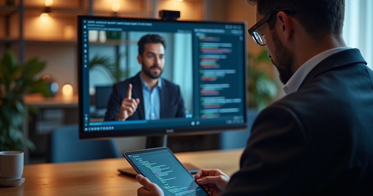 Screenshot of a remote hiring process with video interview and code test on screen