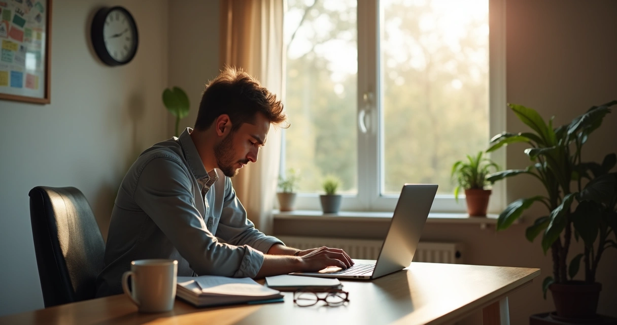 Person working alone at a home desk with tired posture and soft window light