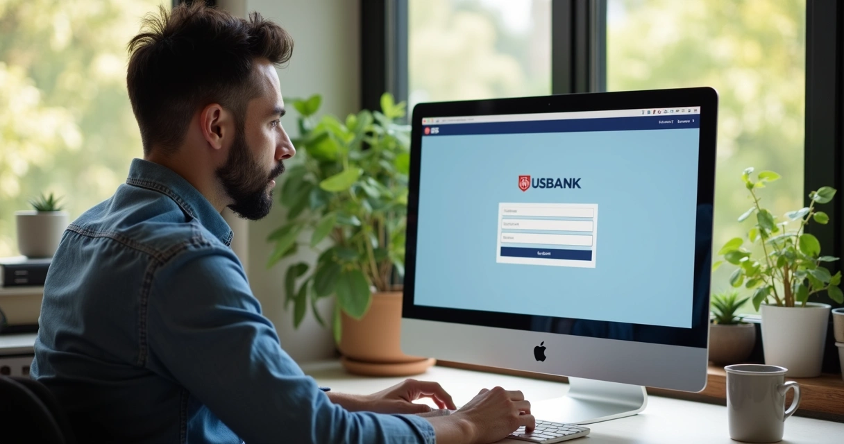 Businessman at computer applying for US account online 