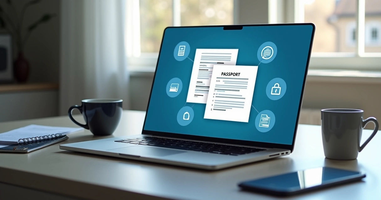 Laptop showing secure online tax support with documents nearby 
