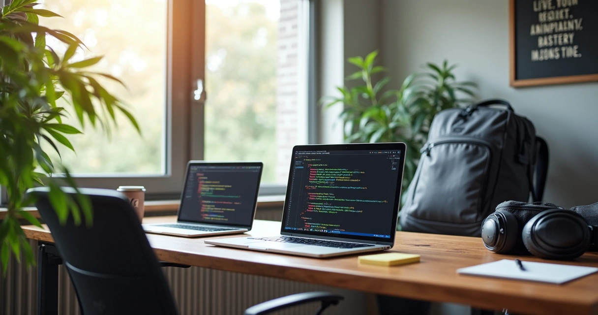 Home workspace for a digital nomad developer with laptops and travel gear. 