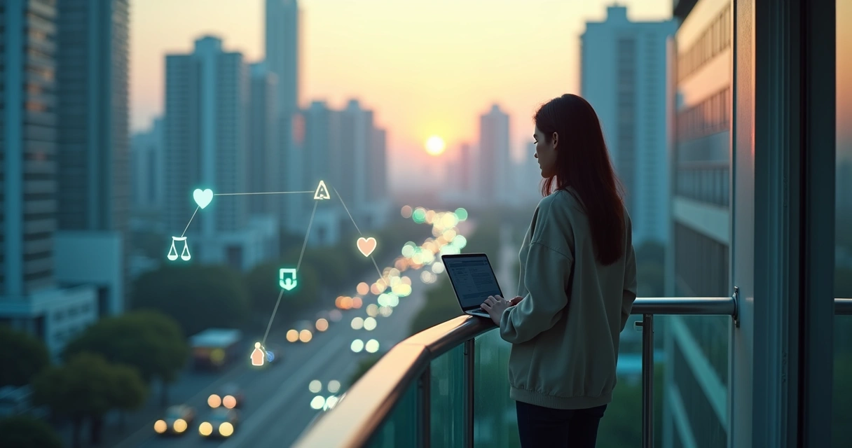 Remote leader on home balcony overlooking digital paths of connected teammates 