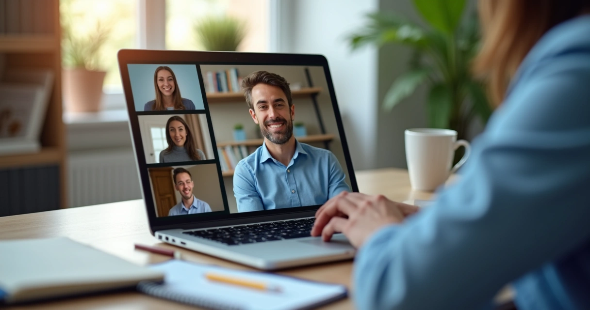 Team leader speaking calmly during a video meeting on a laptop screen 