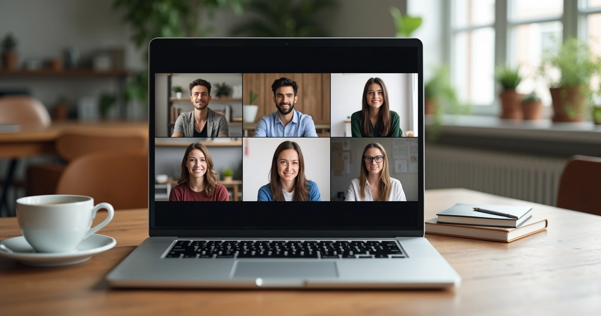 Laptop on a desk showing a video call with five people, each with different expressions 