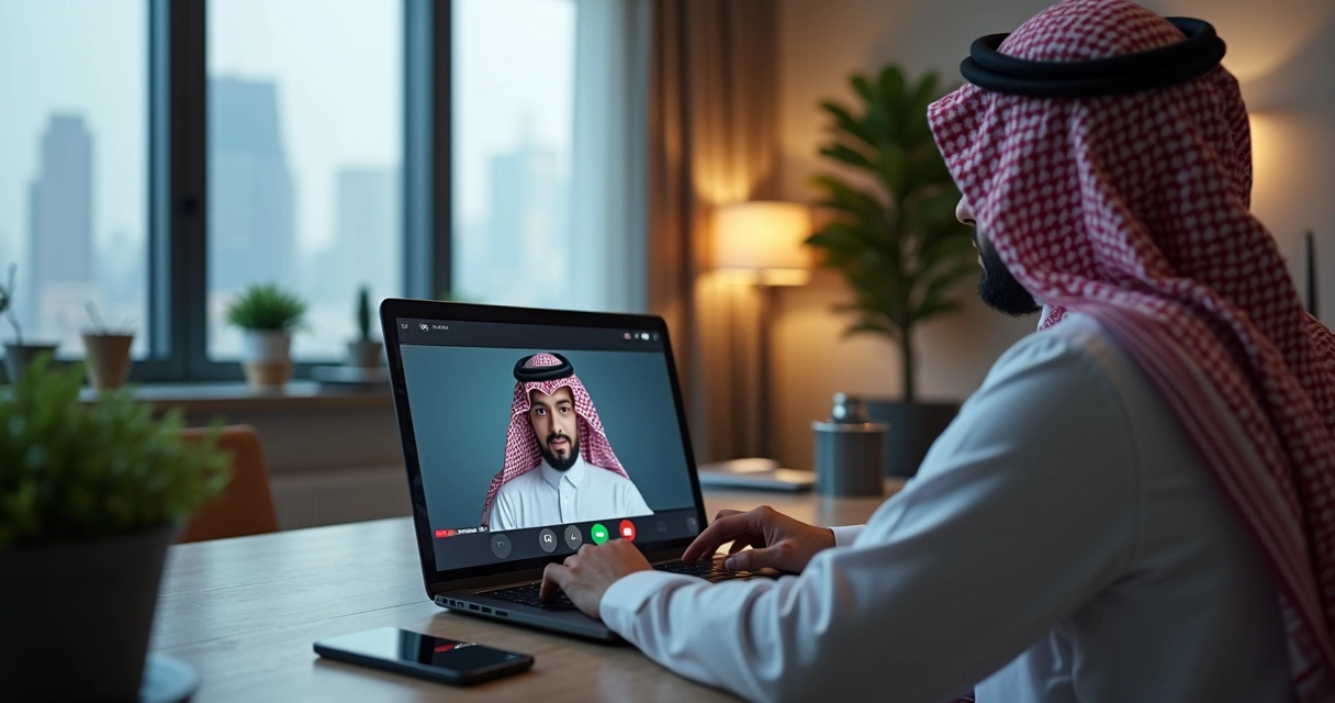 Man on video call with Saudi team in modern living room 