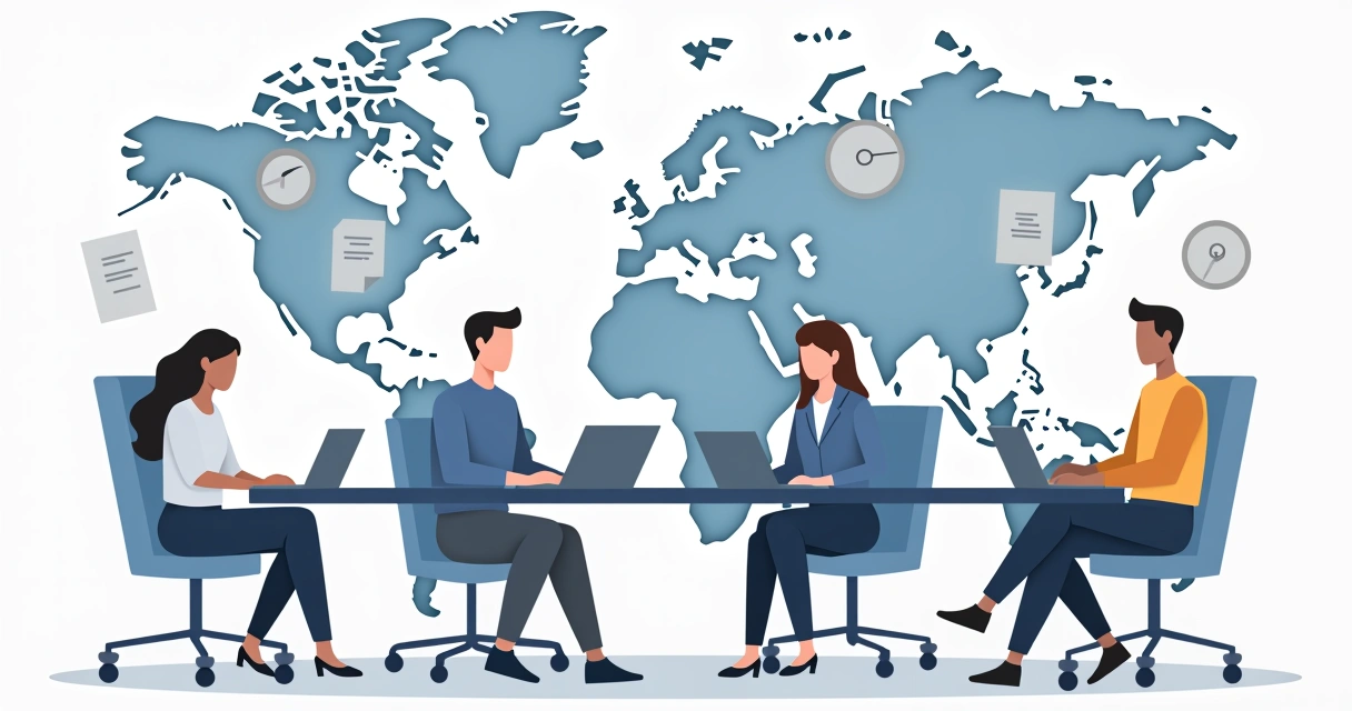 People across continents using tablets and laptops, contract with signature icons, world clock, flat design