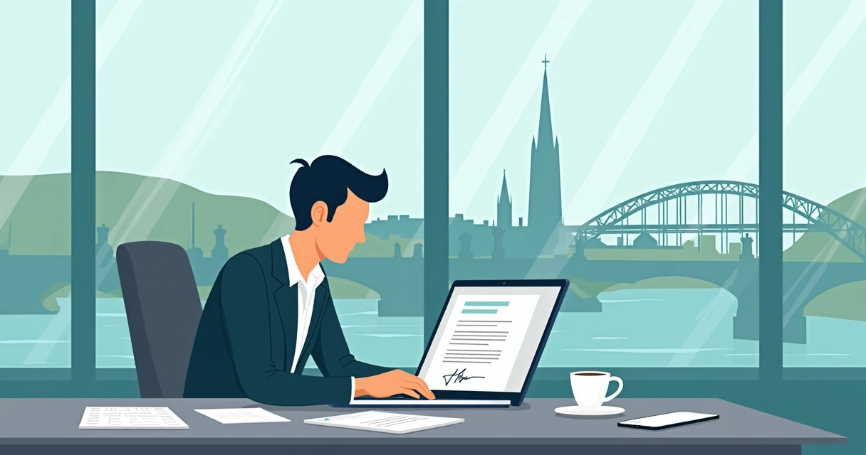 Businessperson using digital signature platform on a laptop with Irish landmarks in background 