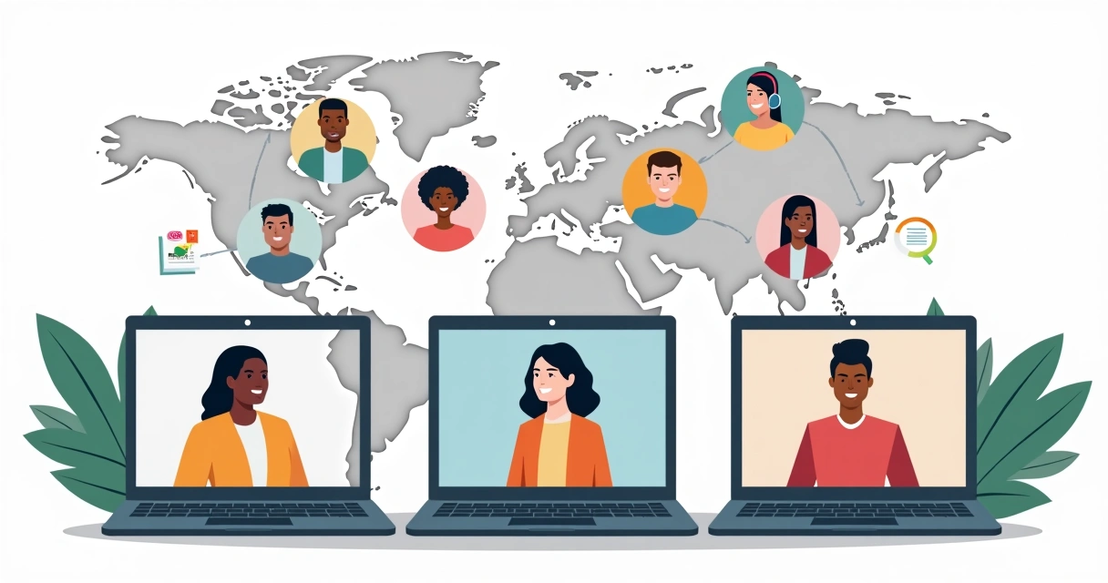 Recruiters interviewing candidates from Madagascar and Mauritius via laptops. 