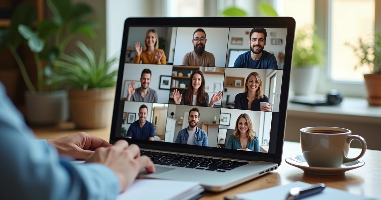 Remote team members in a video call sharing ideas and connection 