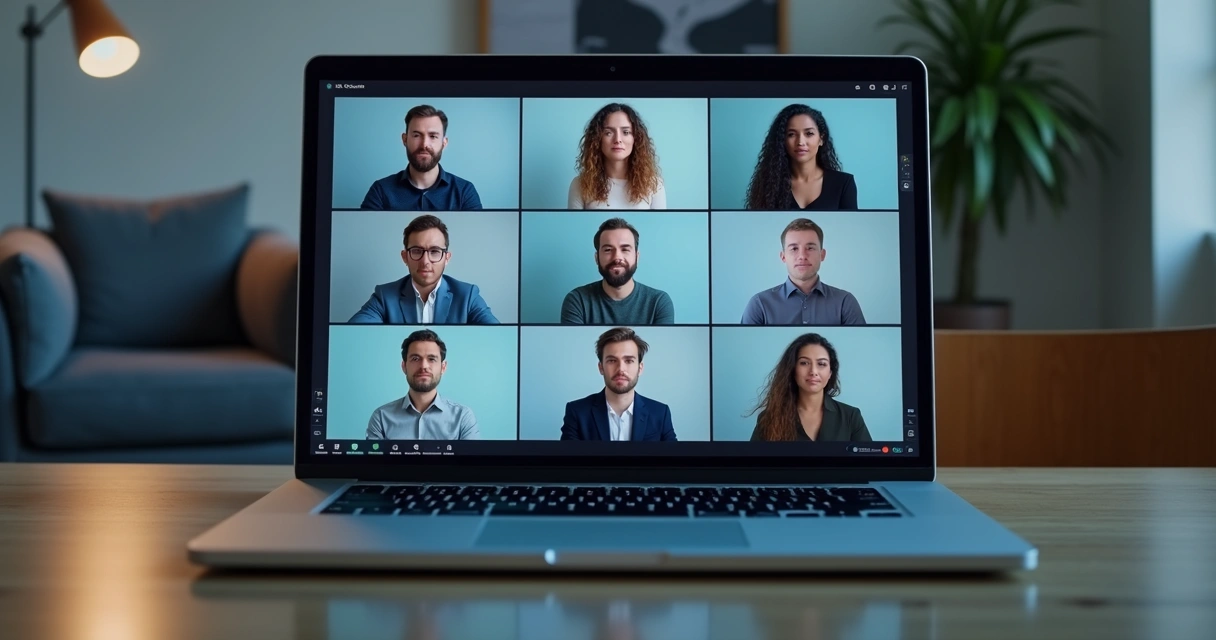 Remote team chat with one person isolated in a video call grid 