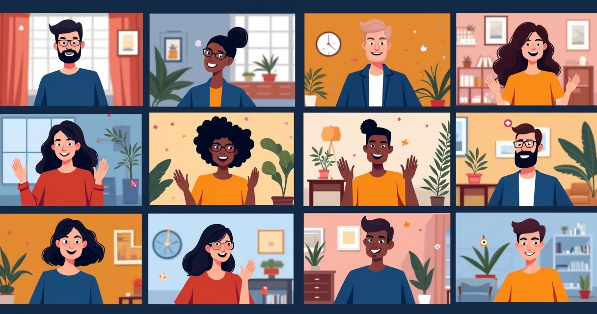 Team video call celebrating a small achievement with confetti on screen 