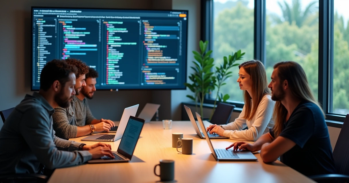 Remote development team collaborating via laptops, large screens showing code, in a bright modern workspace. 
