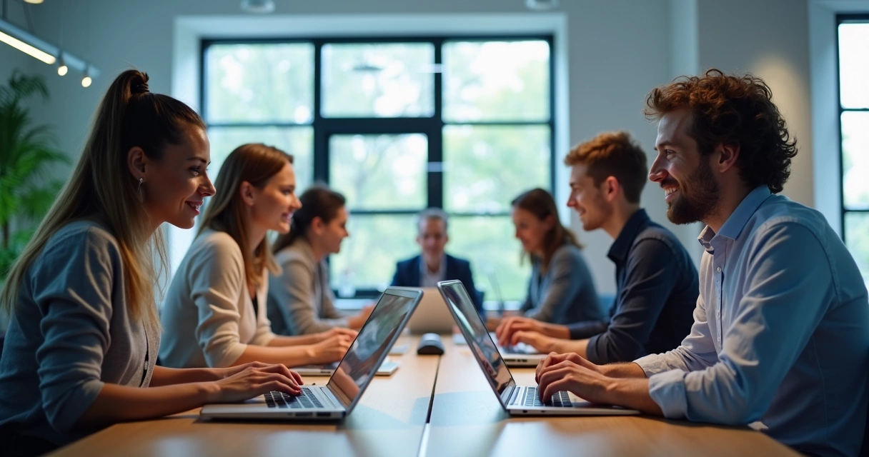 Diverse group collaborating remotely on digital devices 