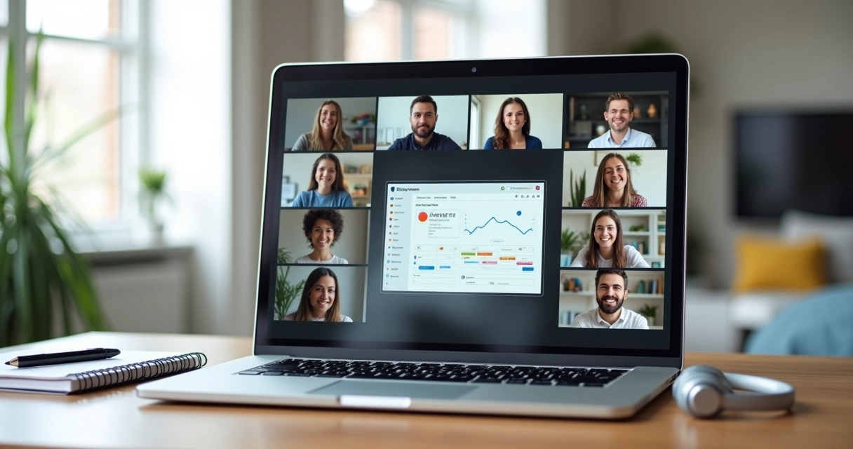 Diverse remote team on video call collaborating around shared digital dashboard 